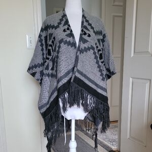 Hollister Gray and Black Geometric Poncho with Fringe